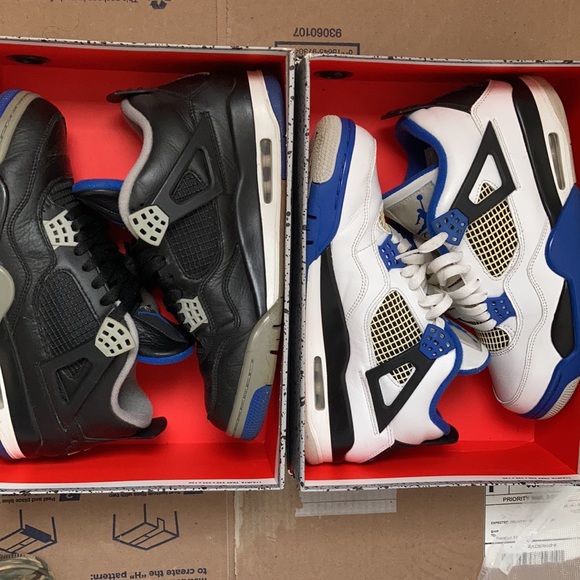 White/blue/black Jordan 4s & Black/blue Jordan 4’s